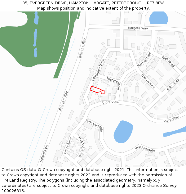 35, EVERGREEN DRIVE, HAMPTON HARGATE, PETERBOROUGH, PE7 8FW: Location map and indicative extent of plot