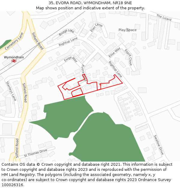 35, EVORA ROAD, WYMONDHAM, NR18 9NE: Location map and indicative extent of plot