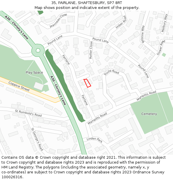 35, FAIRLANE, SHAFTESBURY, SP7 8RT: Location map and indicative extent of plot