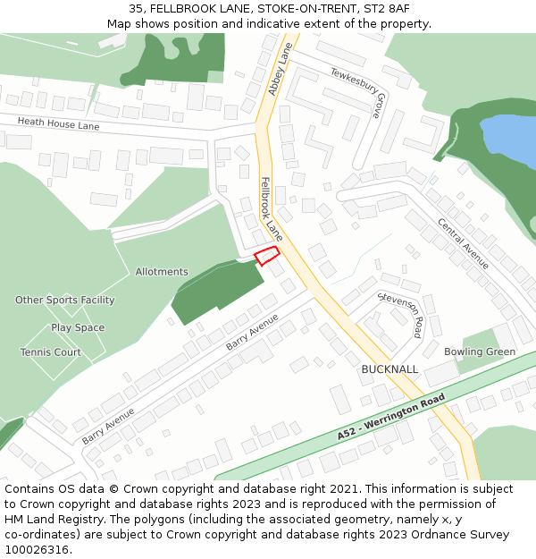 35, FELLBROOK LANE, STOKE-ON-TRENT, ST2 8AF: Location map and indicative extent of plot