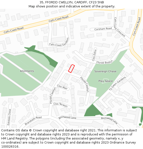 35, FFORDD CWELLYN, CARDIFF, CF23 5NB: Location map and indicative extent of plot