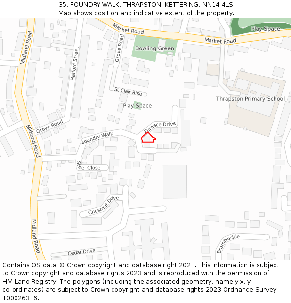 35, FOUNDRY WALK, THRAPSTON, KETTERING, NN14 4LS: Location map and indicative extent of plot