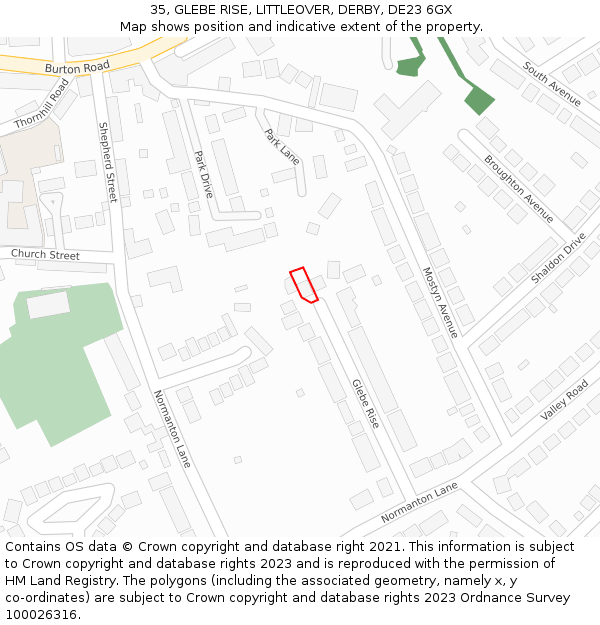 35, GLEBE RISE, LITTLEOVER, DERBY, DE23 6GX: Location map and indicative extent of plot