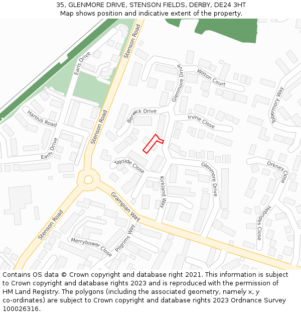 35, GLENMORE DRIVE, STENSON FIELDS, DERBY, DE24 3HT: Location map and indicative extent of plot