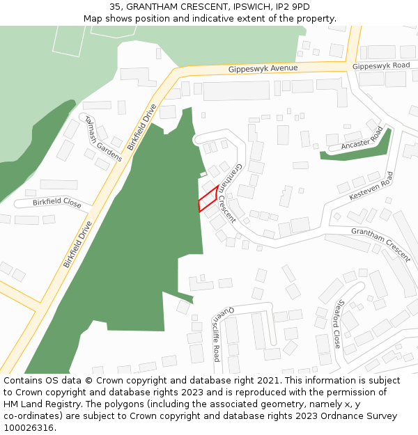 35, GRANTHAM CRESCENT, IPSWICH, IP2 9PD: Location map and indicative extent of plot
