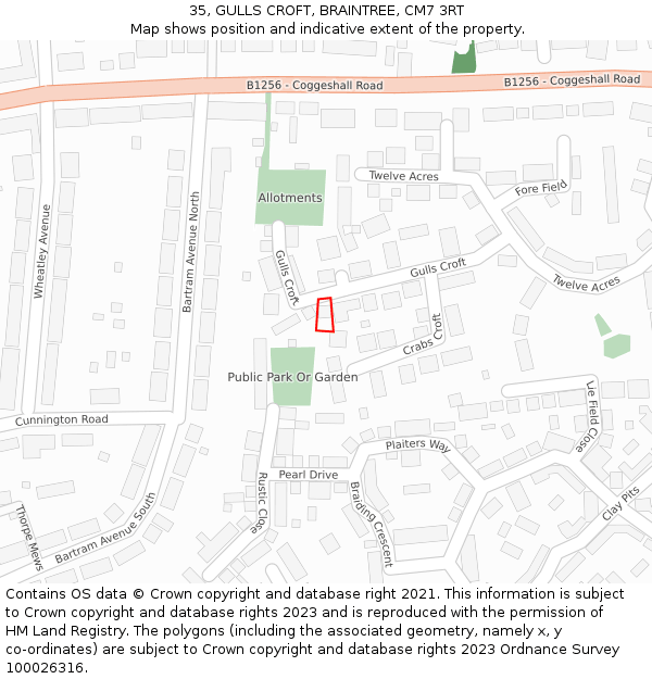 35, GULLS CROFT, BRAINTREE, CM7 3RT: Location map and indicative extent of plot