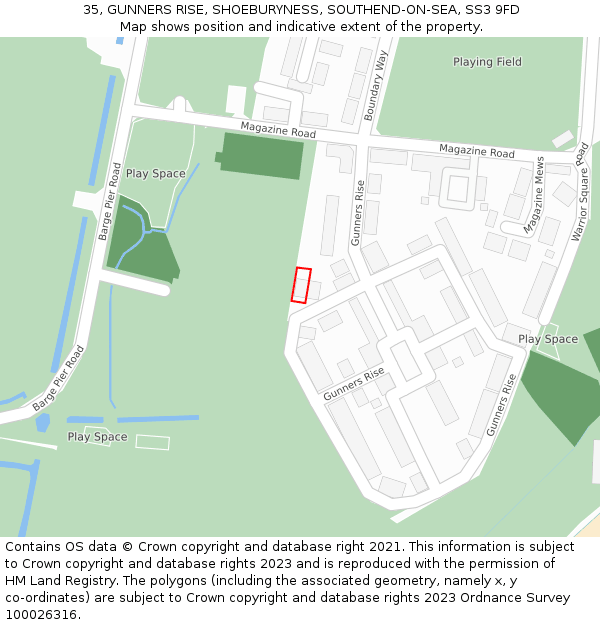 35, GUNNERS RISE, SHOEBURYNESS, SOUTHEND-ON-SEA, SS3 9FD: Location map and indicative extent of plot