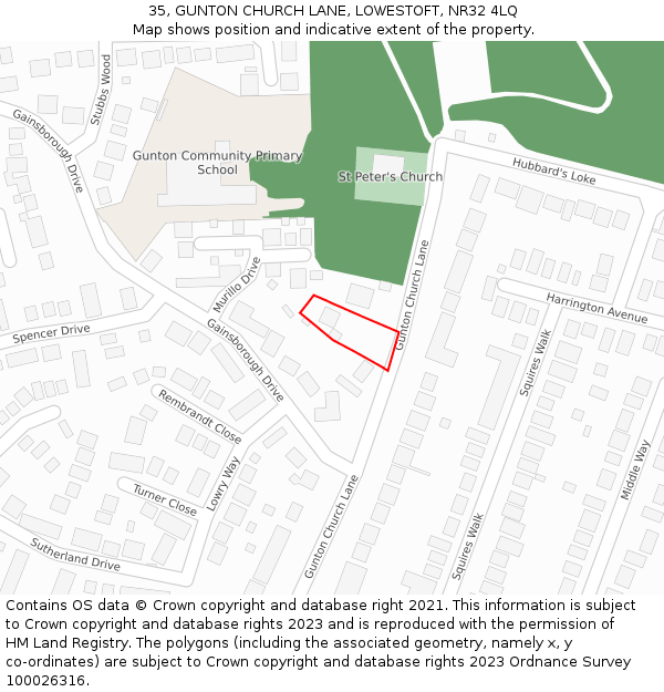 35, GUNTON CHURCH LANE, LOWESTOFT, NR32 4LQ: Location map and indicative extent of plot