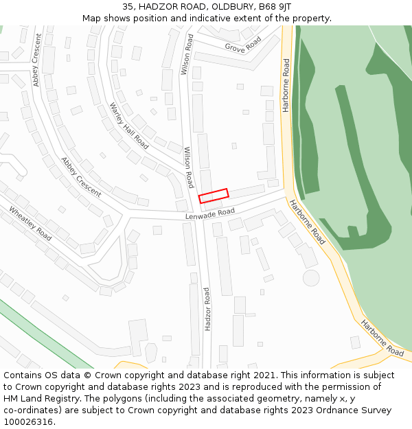 35, HADZOR ROAD, OLDBURY, B68 9JT: Location map and indicative extent of plot