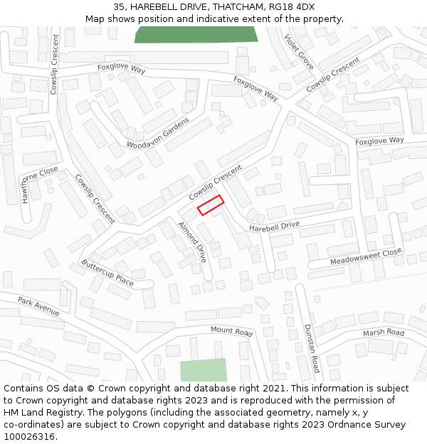35, HAREBELL DRIVE, THATCHAM, RG18 4DX: Location map and indicative extent of plot