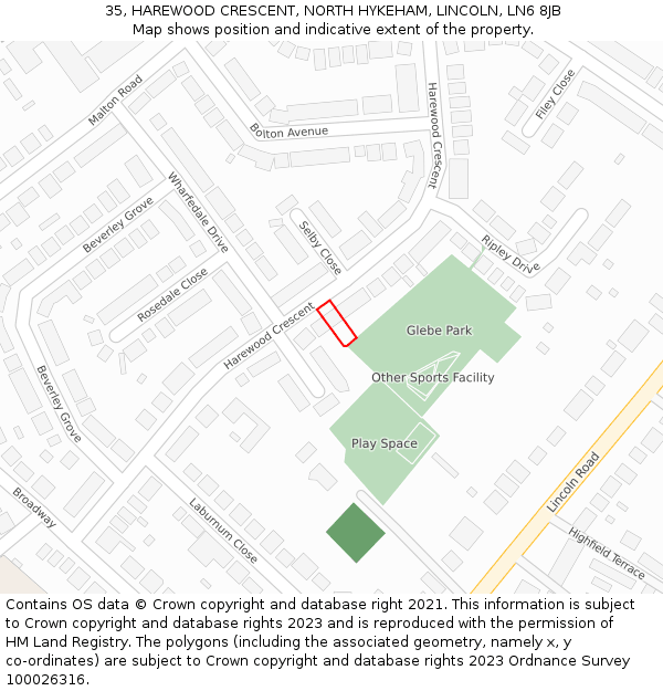 35, HAREWOOD CRESCENT, NORTH HYKEHAM, LINCOLN, LN6 8JB: Location map and indicative extent of plot