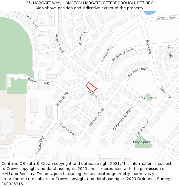35, HARGATE WAY, HAMPTON HARGATE, PETERBOROUGH, PE7 8BG: Location map and indicative extent of plot
