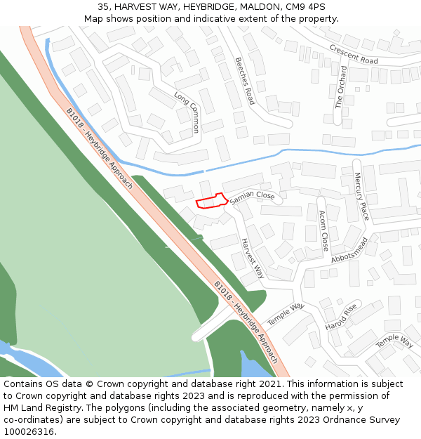 35, HARVEST WAY, HEYBRIDGE, MALDON, CM9 4PS: Location map and indicative extent of plot