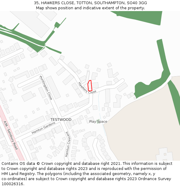 35, HAWKERS CLOSE, TOTTON, SOUTHAMPTON, SO40 3GG: Location map and indicative extent of plot