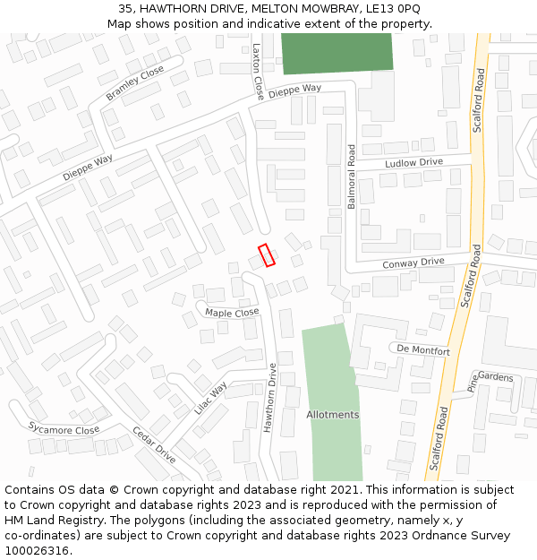 35, HAWTHORN DRIVE, MELTON MOWBRAY, LE13 0PQ: Location map and indicative extent of plot