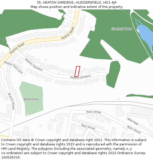 35, HEATON GARDENS, HUDDERSFIELD, HD1 4JA: Location map and indicative extent of plot