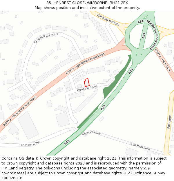 35, HENBEST CLOSE, WIMBORNE, BH21 2EX: Location map and indicative extent of plot