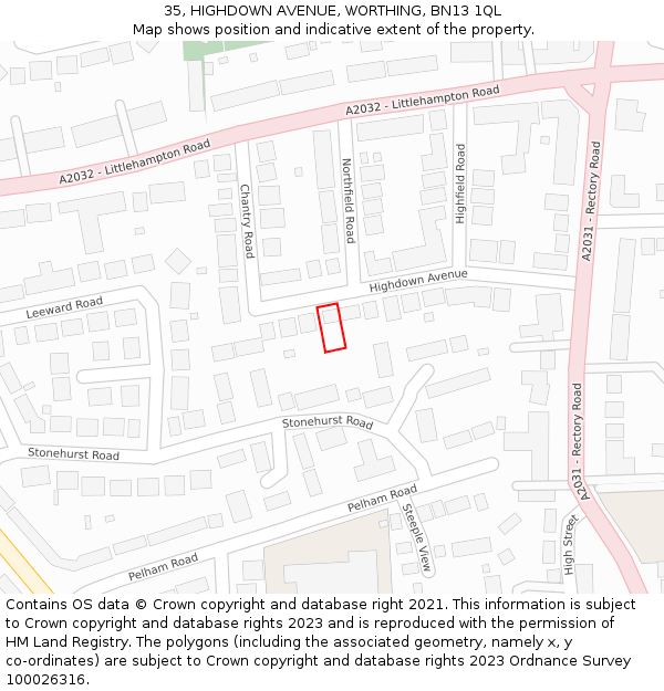 35, HIGHDOWN AVENUE, WORTHING, BN13 1QL: Location map and indicative extent of plot