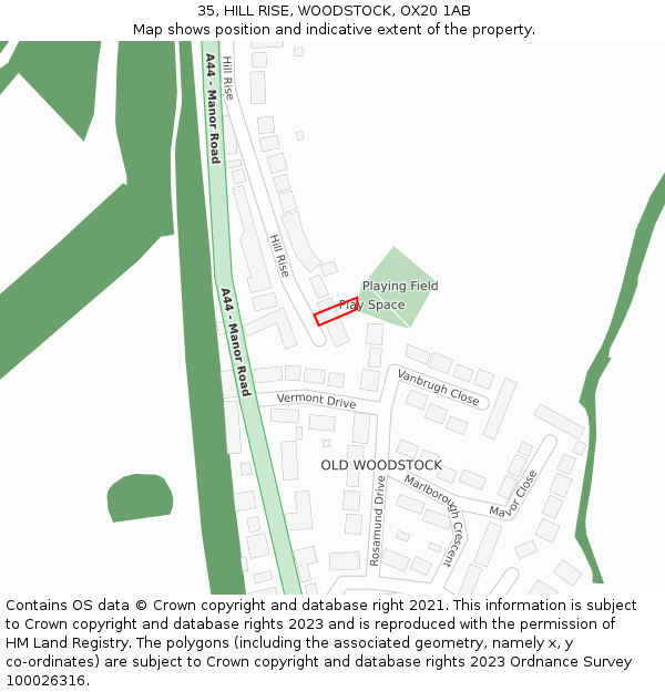 35, HILL RISE, WOODSTOCK, OX20 1AB: Location map and indicative extent of plot