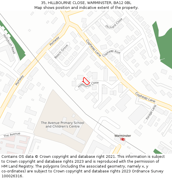 35, HILLBOURNE CLOSE, WARMINSTER, BA12 0BL: Location map and indicative extent of plot