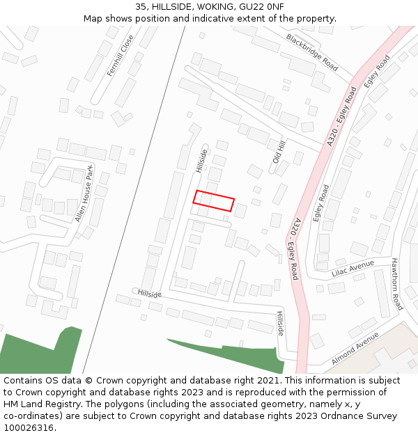 35, HILLSIDE, WOKING, GU22 0NF: Location map and indicative extent of plot