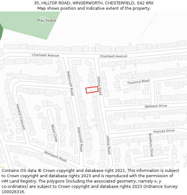 35, HILLTOP ROAD, WINGERWORTH, CHESTERFIELD, S42 6RX: Location map and indicative extent of plot