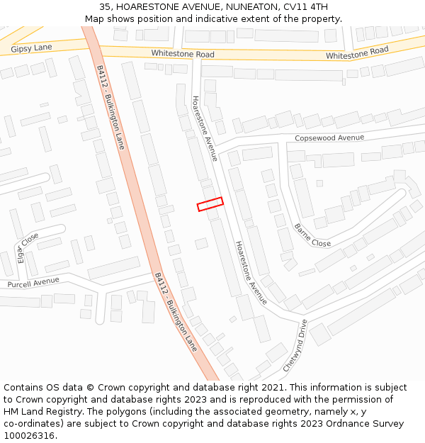 35, HOARESTONE AVENUE, NUNEATON, CV11 4TH: Location map and indicative extent of plot