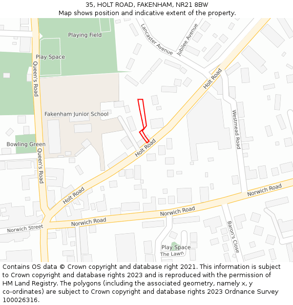 35, HOLT ROAD, FAKENHAM, NR21 8BW: Location map and indicative extent of plot