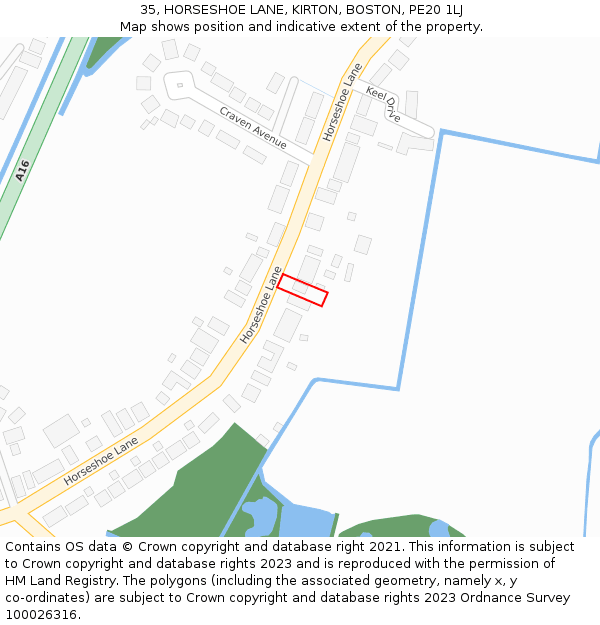 35, HORSESHOE LANE, KIRTON, BOSTON, PE20 1LJ: Location map and indicative extent of plot