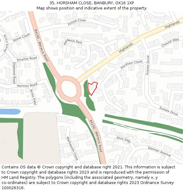 35, HORSHAM CLOSE, BANBURY, OX16 1XP: Location map and indicative extent of plot