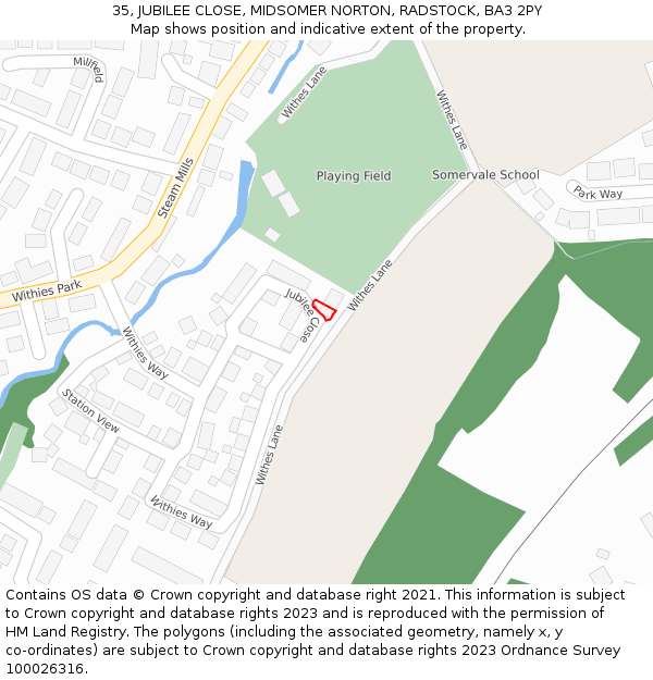 35, JUBILEE CLOSE, MIDSOMER NORTON, RADSTOCK, BA3 2PY: Location map and indicative extent of plot