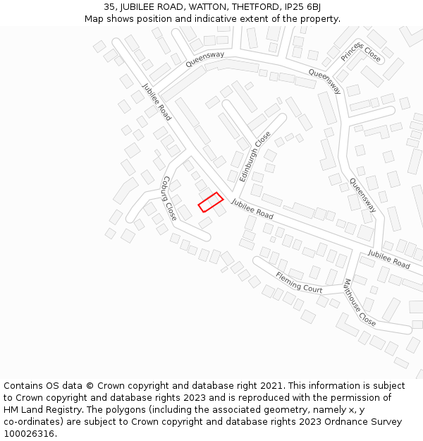 35, JUBILEE ROAD, WATTON, THETFORD, IP25 6BJ: Location map and indicative extent of plot
