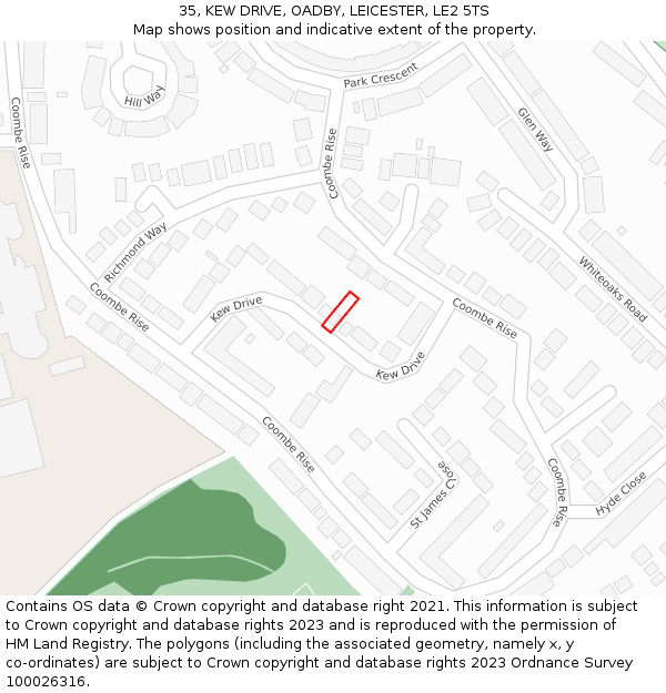 35, KEW DRIVE, OADBY, LEICESTER, LE2 5TS: Location map and indicative extent of plot