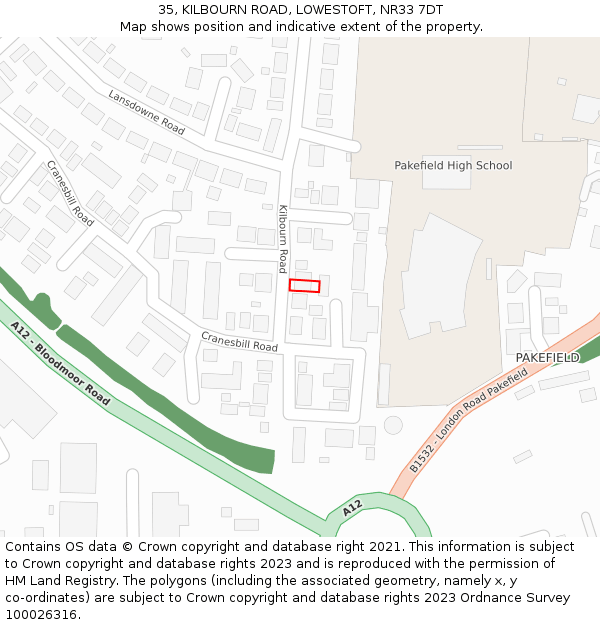 35, KILBOURN ROAD, LOWESTOFT, NR33 7DT: Location map and indicative extent of plot