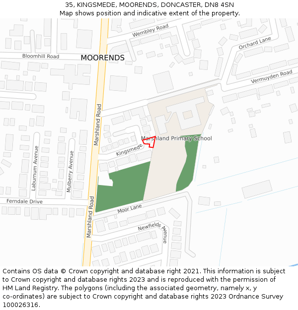 35, KINGSMEDE, MOORENDS, DONCASTER, DN8 4SN: Location map and indicative extent of plot