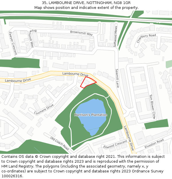 35, LAMBOURNE DRIVE, NOTTINGHAM, NG8 1GR: Location map and indicative extent of plot