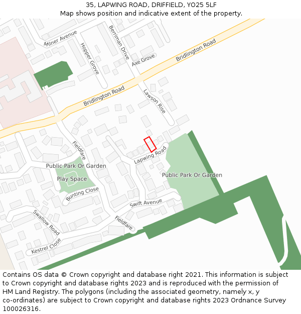35, LAPWING ROAD, DRIFFIELD, YO25 5LF: Location map and indicative extent of plot