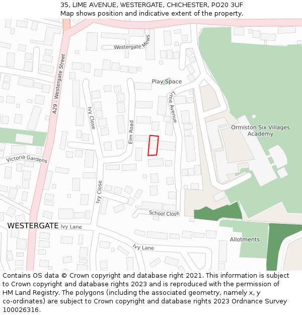 35, LIME AVENUE, WESTERGATE, CHICHESTER, PO20 3UF: Location map and indicative extent of plot