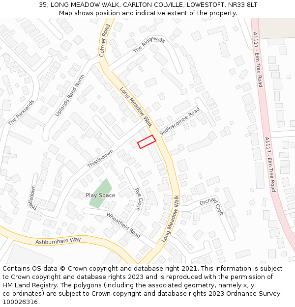 35, LONG MEADOW WALK, CARLTON COLVILLE, LOWESTOFT, NR33 8LT: Location map and indicative extent of plot