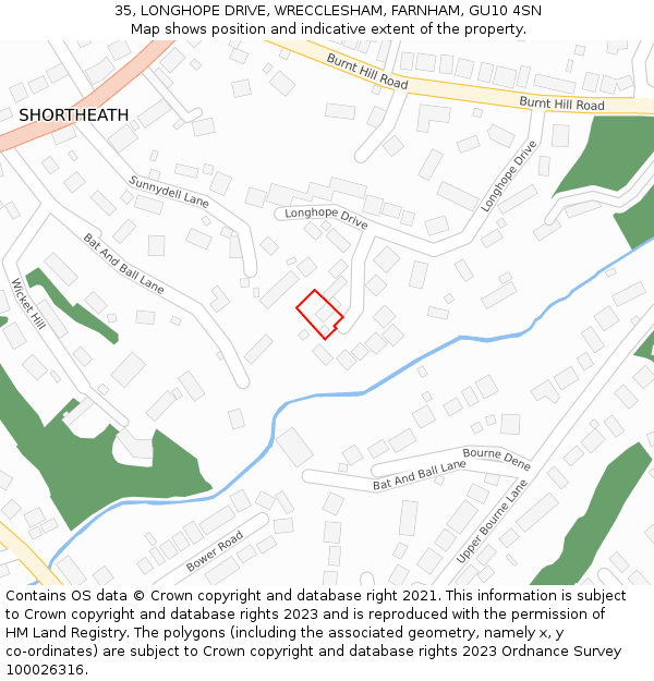 35, LONGHOPE DRIVE, WRECCLESHAM, FARNHAM, GU10 4SN: Location map and indicative extent of plot