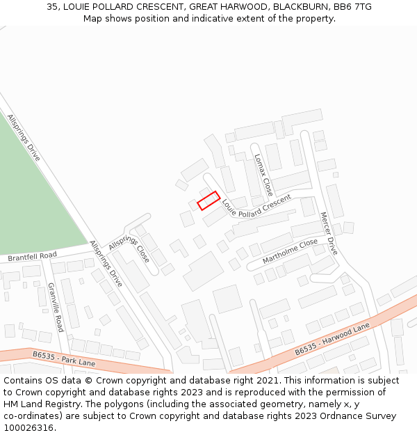 35, LOUIE POLLARD CRESCENT, GREAT HARWOOD, BLACKBURN, BB6 7TG: Location map and indicative extent of plot