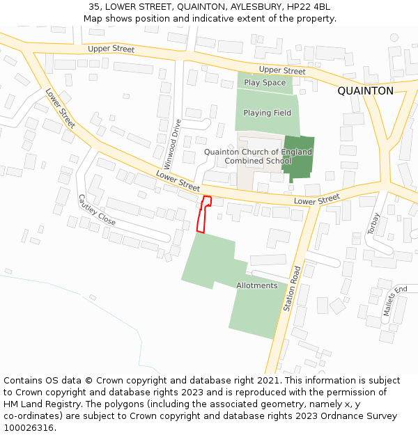 35, LOWER STREET, QUAINTON, AYLESBURY, HP22 4BL: Location map and indicative extent of plot