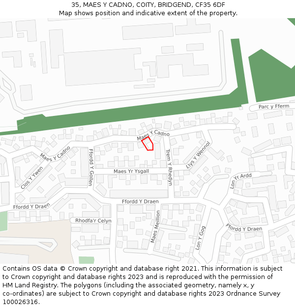 35, MAES Y CADNO, COITY, BRIDGEND, CF35 6DF: Location map and indicative extent of plot