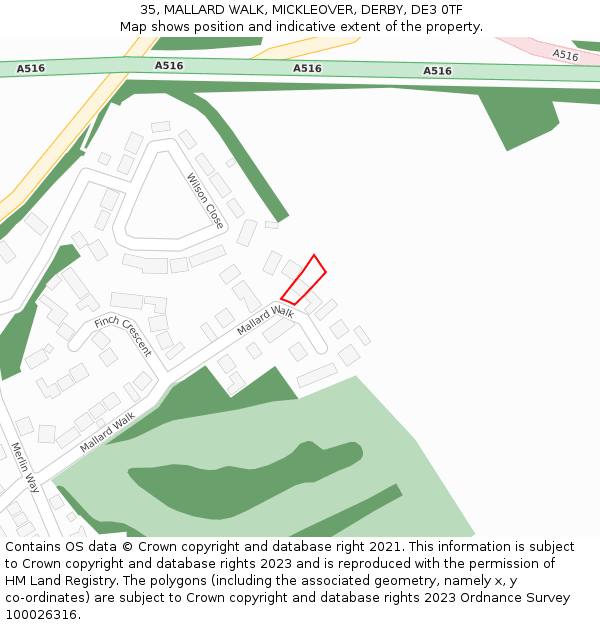 35, MALLARD WALK, MICKLEOVER, DERBY, DE3 0TF: Location map and indicative extent of plot