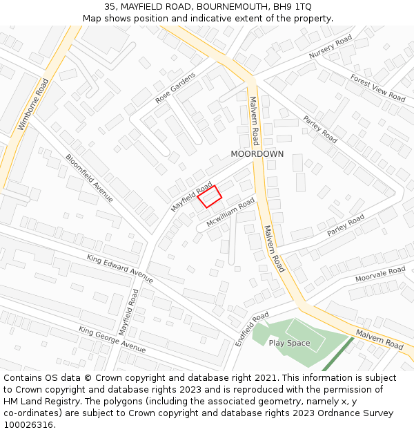 35, MAYFIELD ROAD, BOURNEMOUTH, BH9 1TQ: Location map and indicative extent of plot