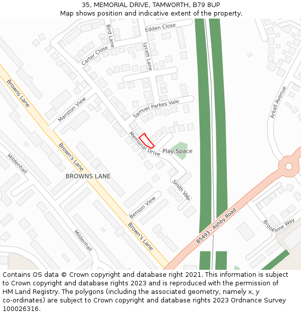35, MEMORIAL DRIVE, TAMWORTH, B79 8UP: Location map and indicative extent of plot