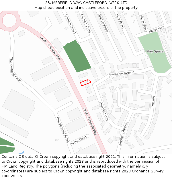35, MEREFIELD WAY, CASTLEFORD, WF10 4TD: Location map and indicative extent of plot