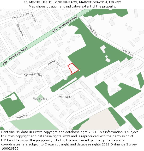 35, MEYNELLFIELD, LOGGERHEADS, MARKET DRAYTON, TF9 4GY: Location map and indicative extent of plot