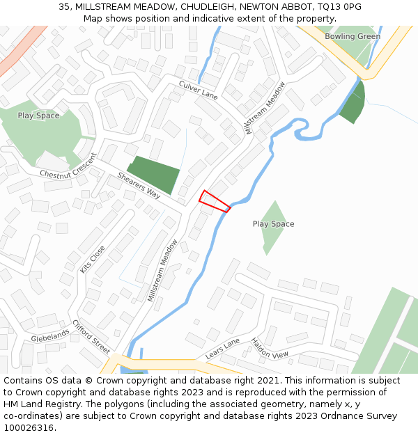 35, MILLSTREAM MEADOW, CHUDLEIGH, NEWTON ABBOT, TQ13 0PG: Location map and indicative extent of plot