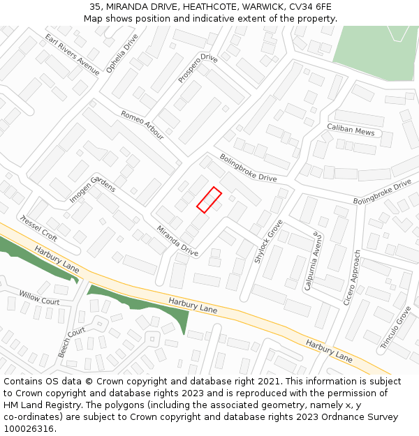 35, MIRANDA DRIVE, HEATHCOTE, WARWICK, CV34 6FE: Location map and indicative extent of plot